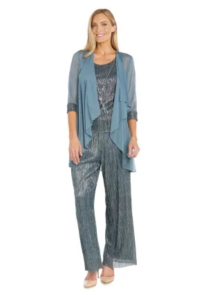 3PC Three Piece Crinkle Pantsuit with a Mesh Chiffon Jacket and Necklace Spruce