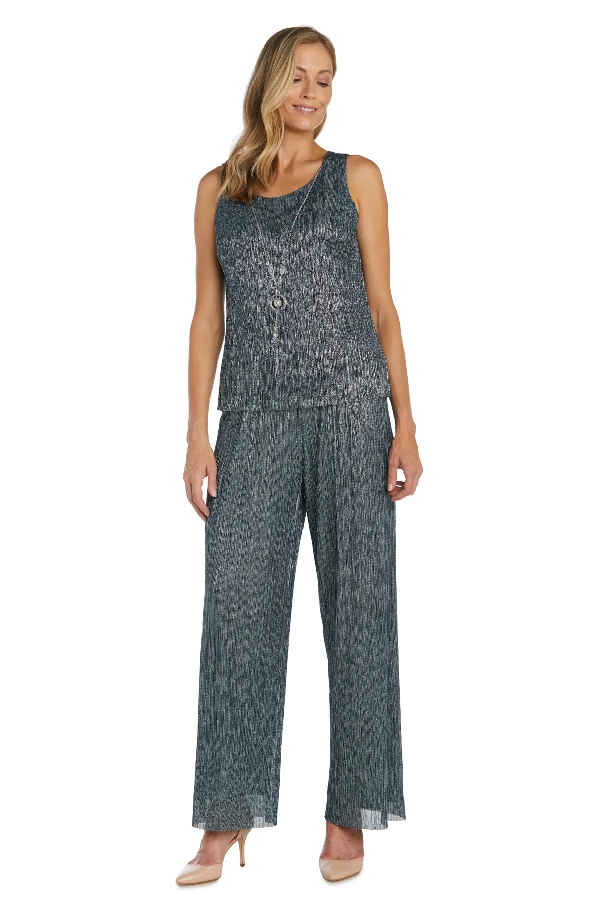 3PC Three Piece Crinkle Pantsuit with a Mesh Chiffon Jacket and Necklace Spruce