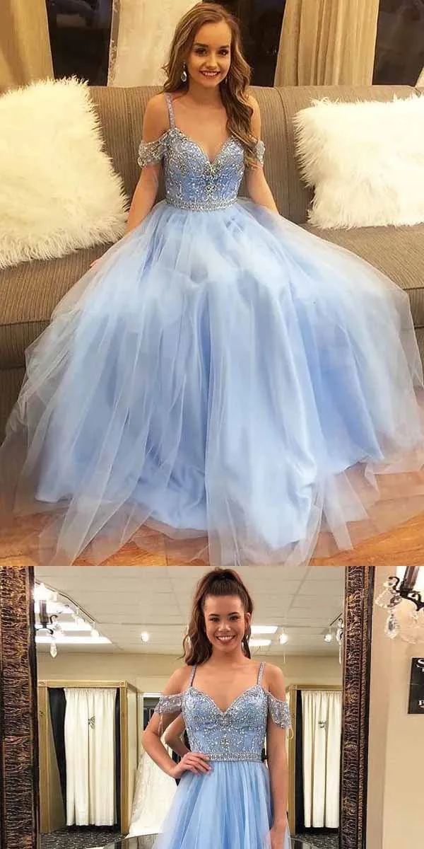 A-line Off-the-Shoulder Beaded Light Blue Tulle Prom Dress ,Cheap Prom Dresses,PDY0422