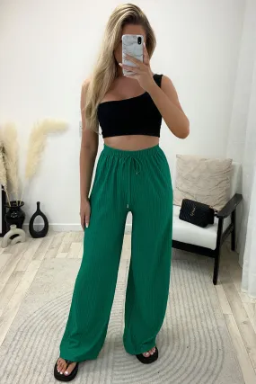 Ashleen Green Textured High Waisted Drawstring Wide Leg Trousers