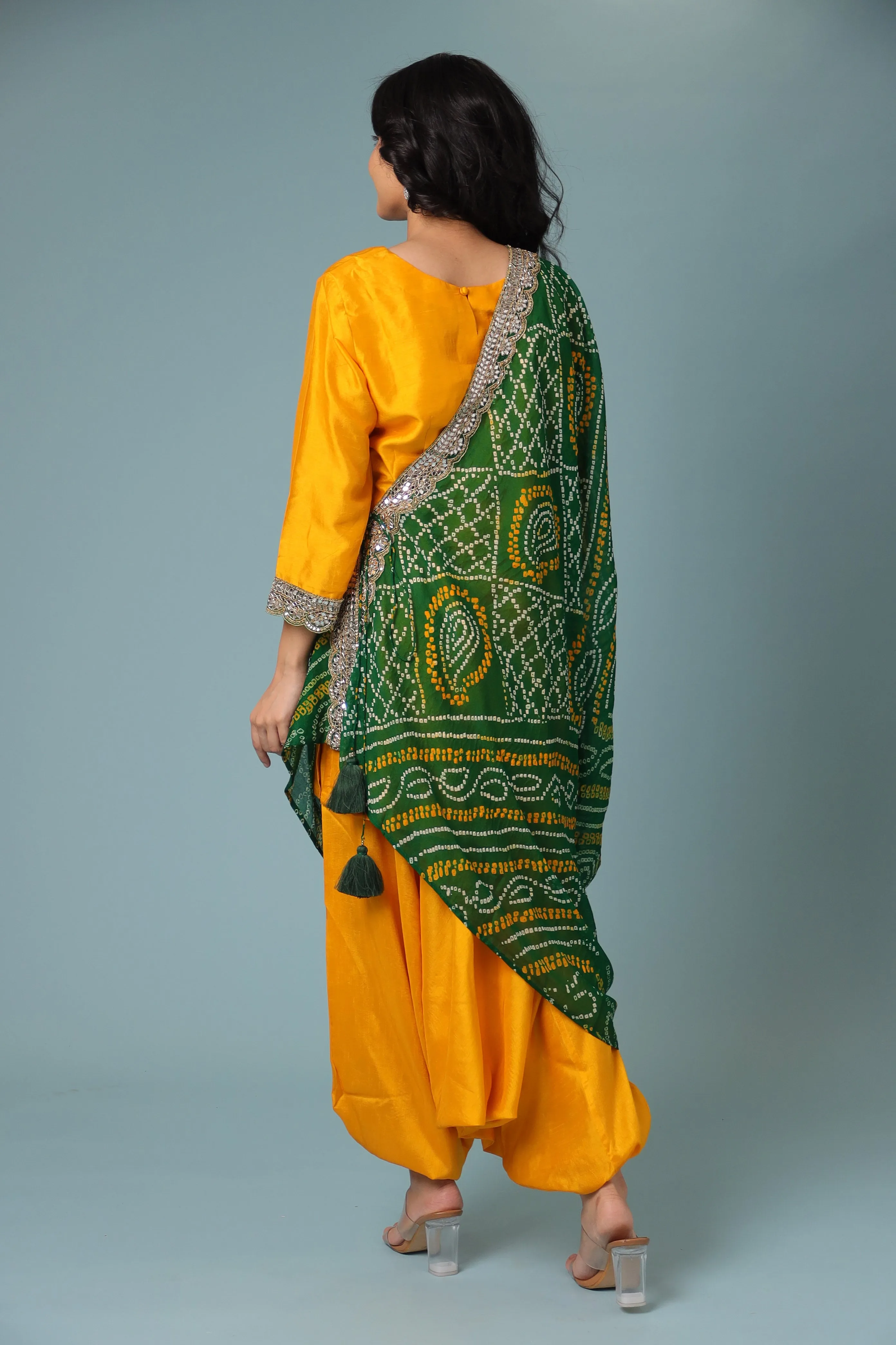 Bandhej Chanderi Indowestern Embellished with Mirror work.