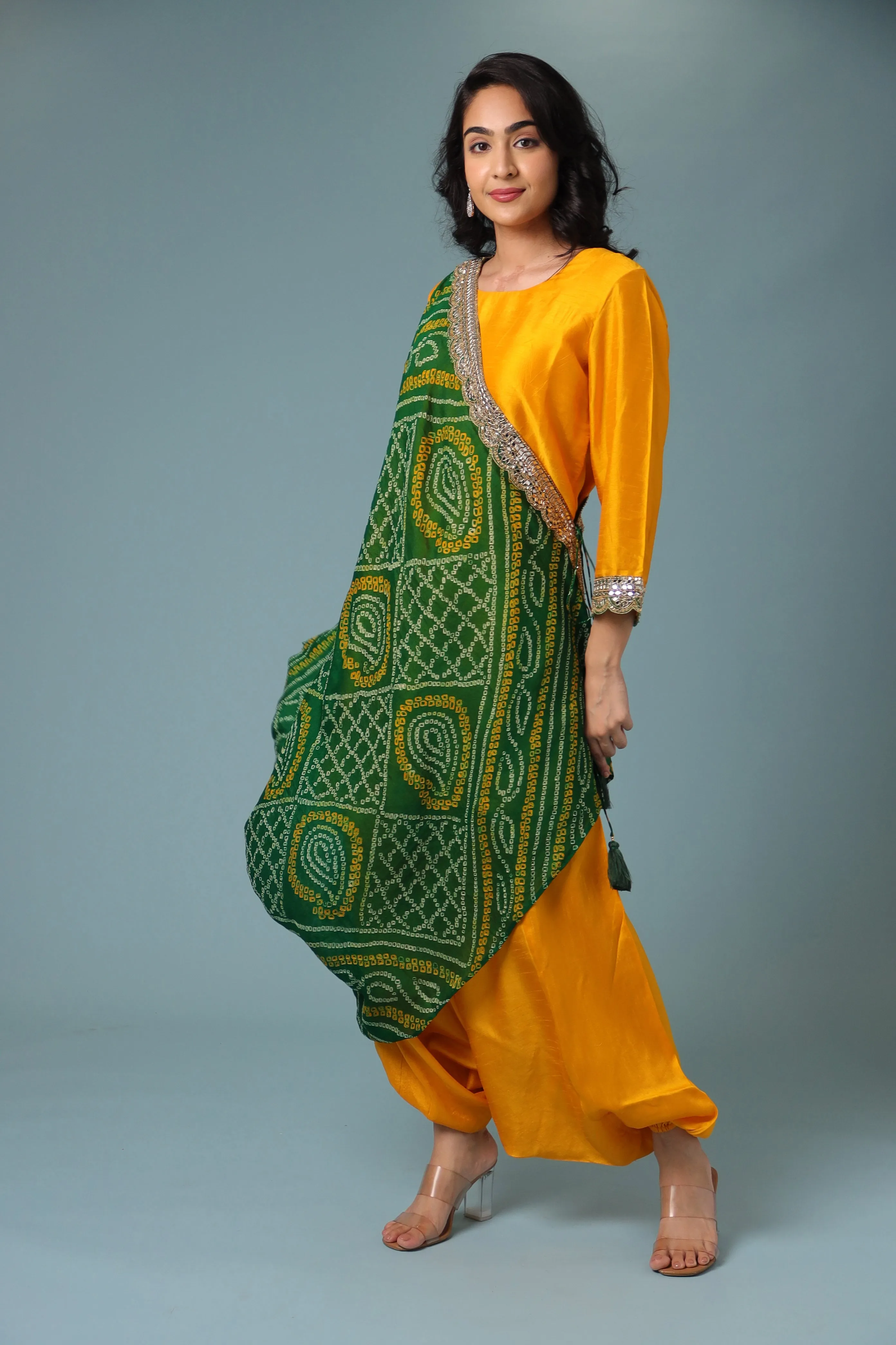 Bandhej Chanderi Indowestern Embellished with Mirror work.