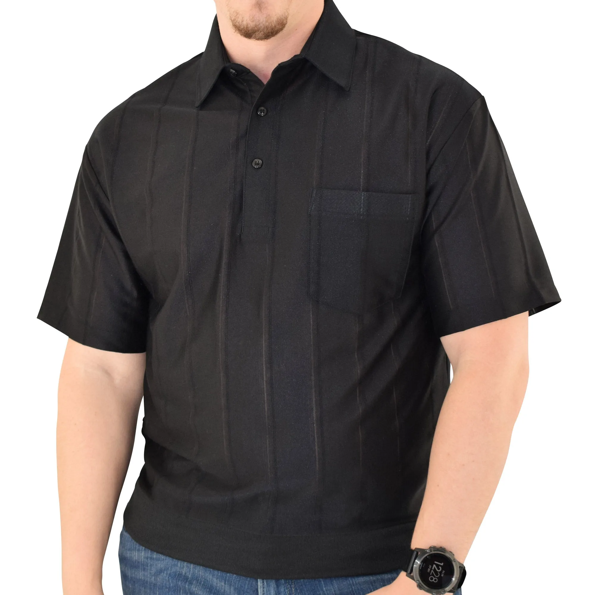 Big and Tall Tone on Tone Textured Knit Short Sleeve Banded Bottom Shirt - 6010-16BT-Black