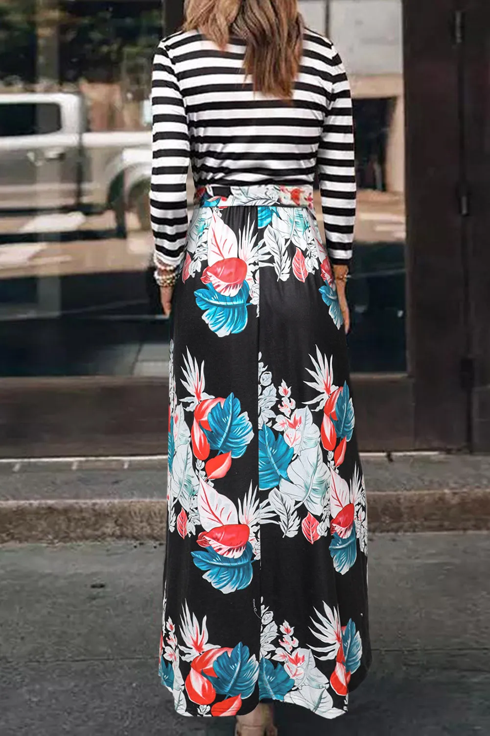 Black Floral Print Striped Maxi Dress