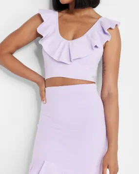 Body Contour Ruffle V-Neck Cropped Sweater in Lilac Purple