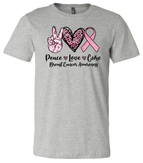 Breast Cancer - Peace Love Cure - Athletic Heather Short/Long Sleeve Tee