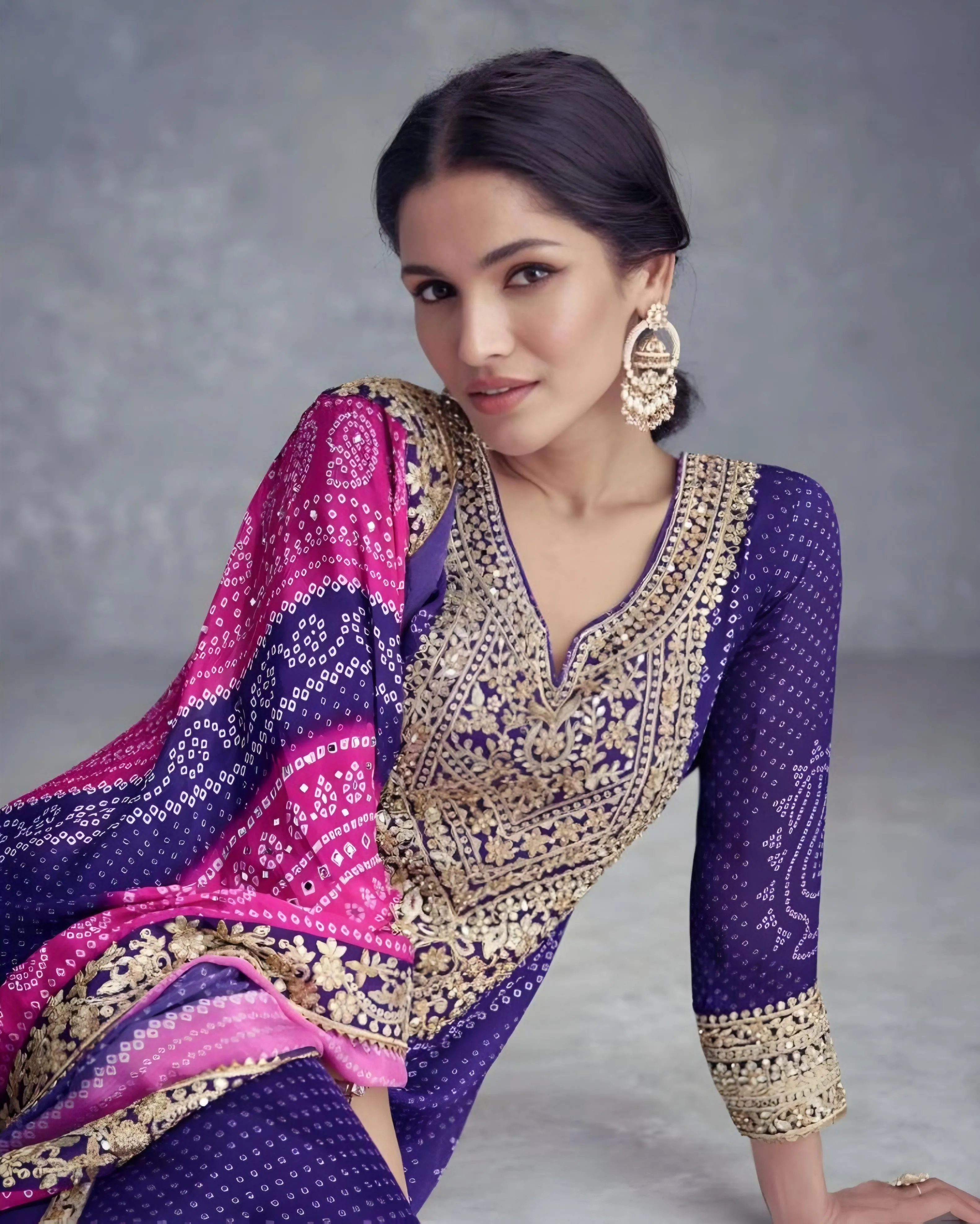 Chinon Silk Bandhani Printed Palazzo Suits Purple