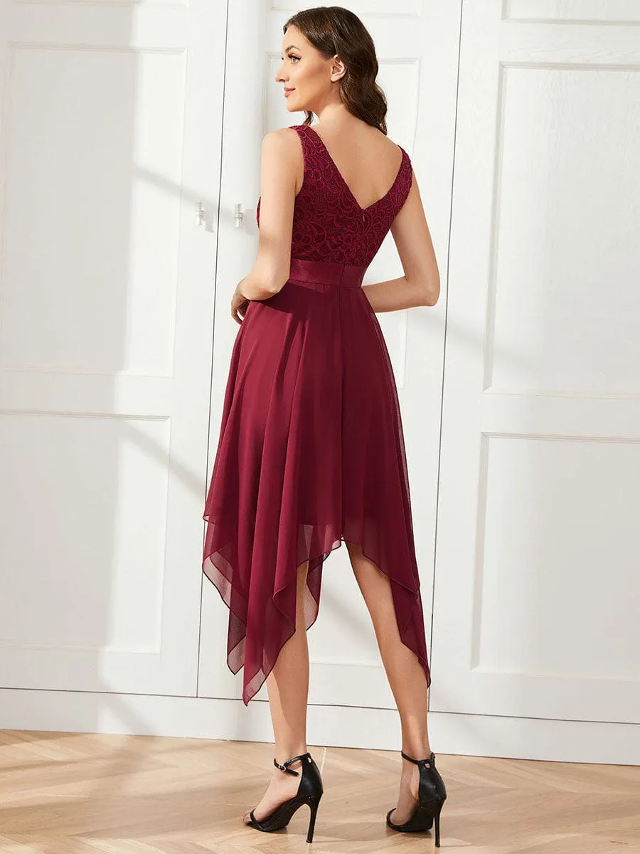 Deep V-Neck Lace Chiffon Bridesmaid Dress with Asymmetrical Hem