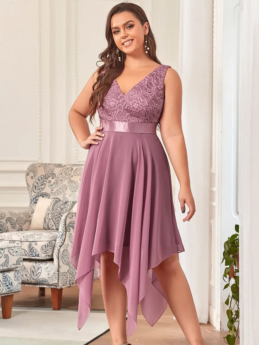 Deep V-Neck Lace Chiffon Bridesmaid Dress with Asymmetrical Hem