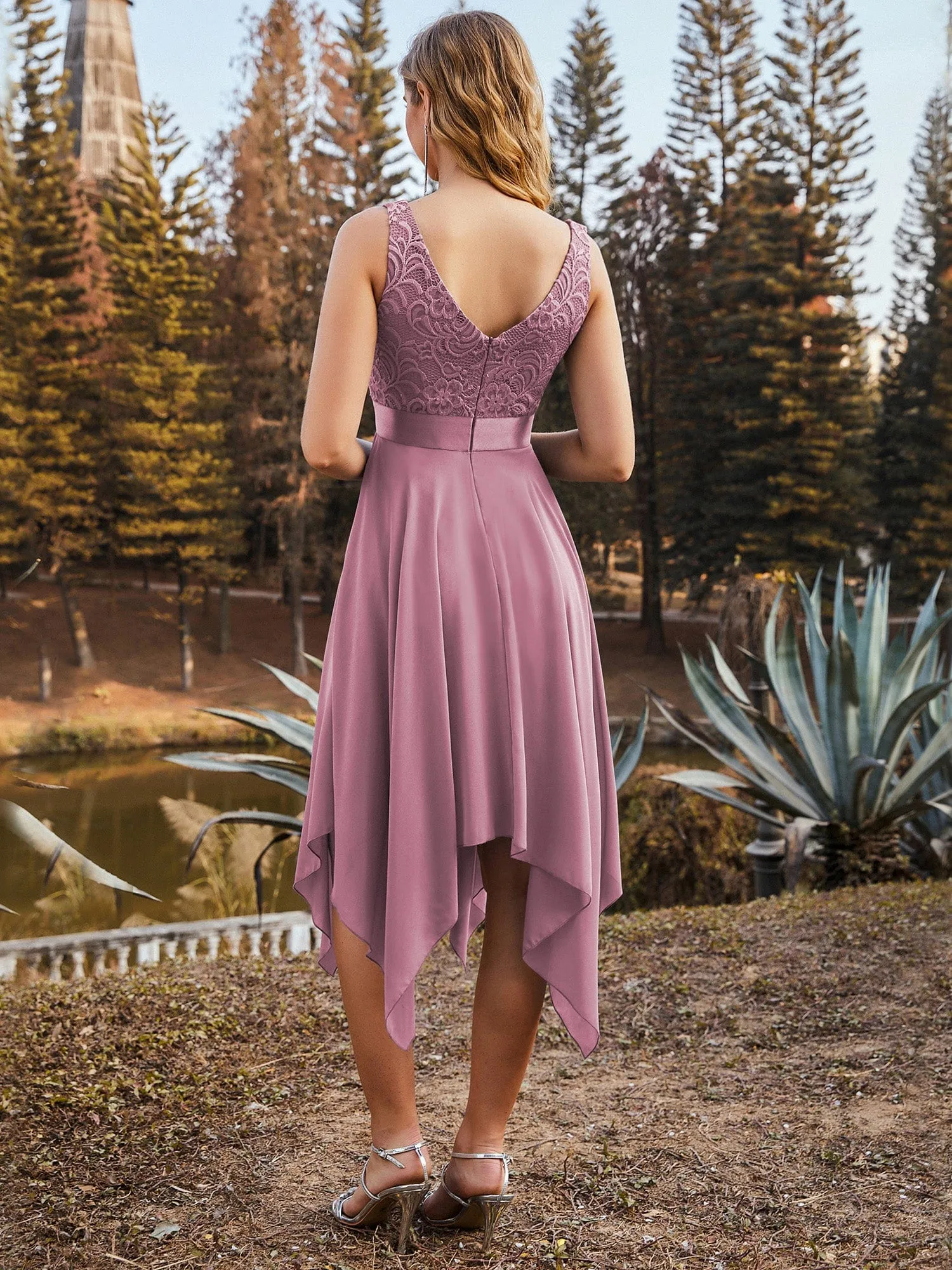 Deep V-Neck Lace Chiffon Bridesmaid Dress with Asymmetrical Hem