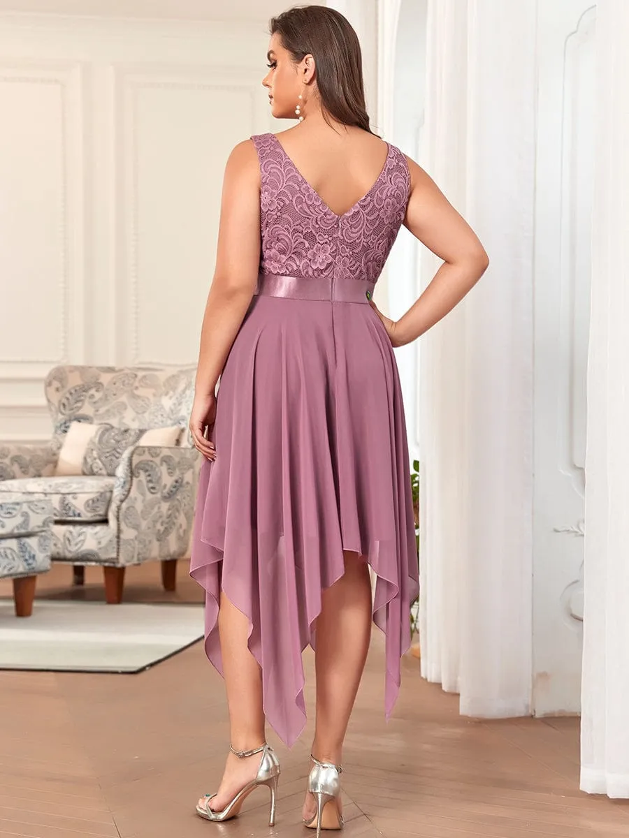 Deep V-Neck Lace Chiffon Bridesmaid Dress with Asymmetrical Hem