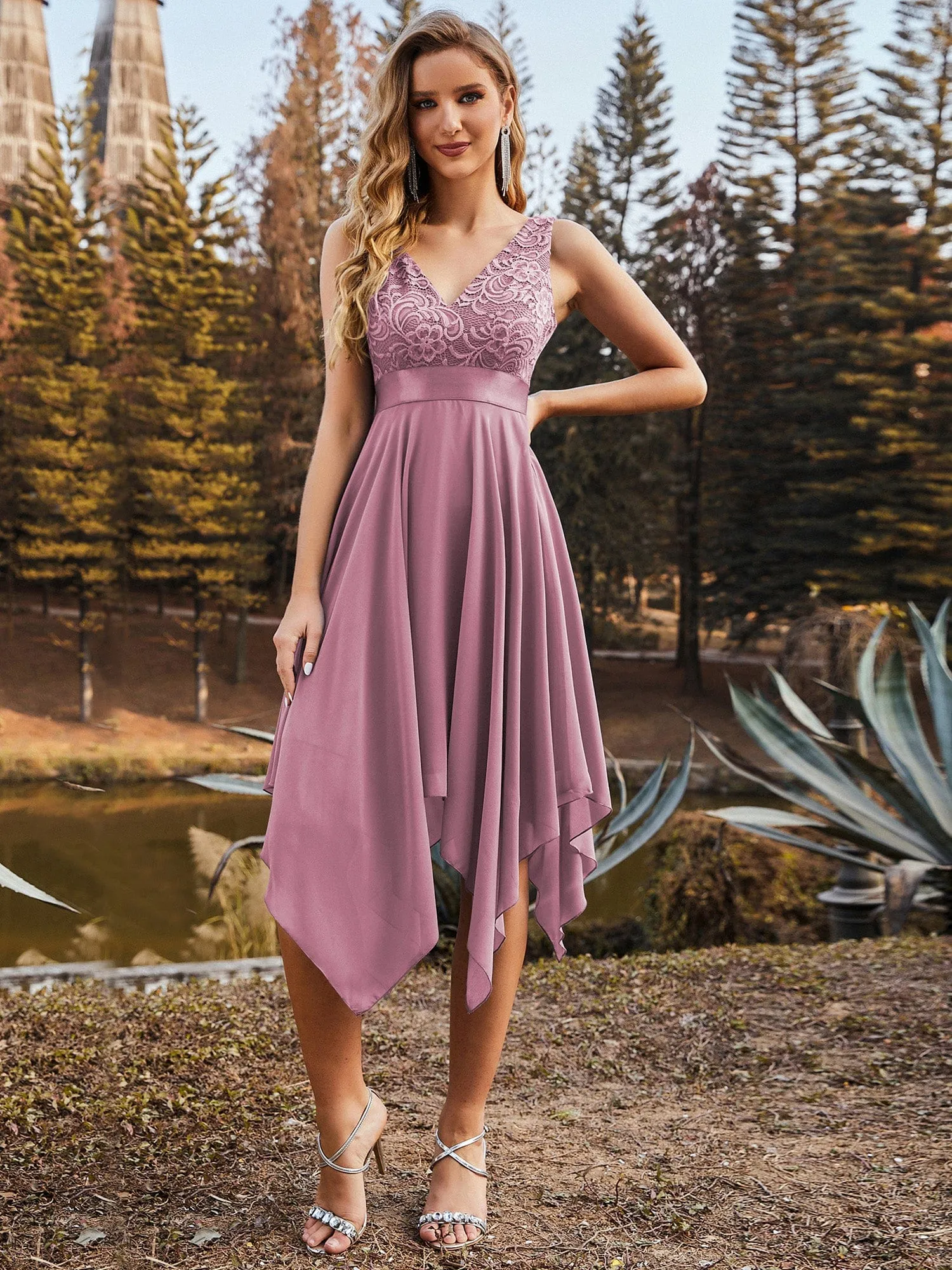 Deep V-Neck Lace Chiffon Bridesmaid Dress with Asymmetrical Hem