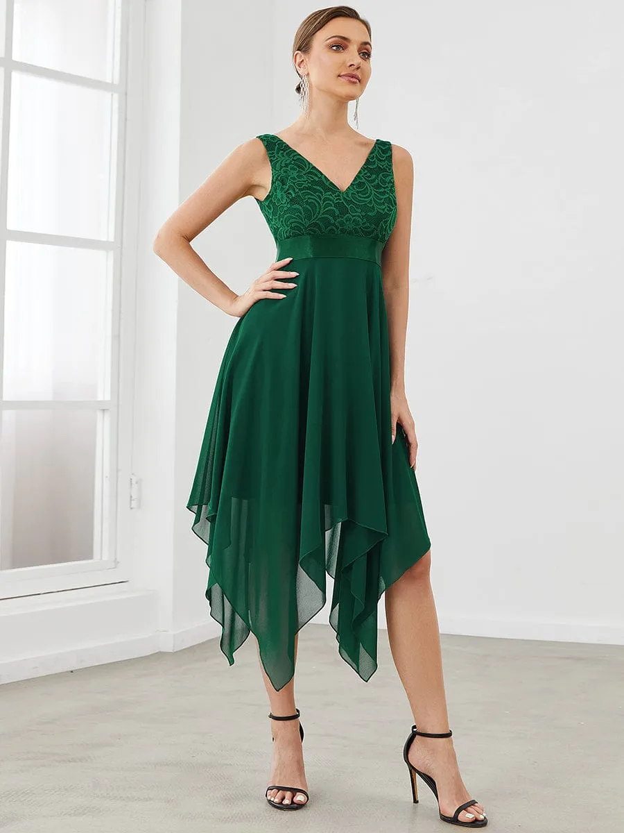 Deep V-Neck Lace Chiffon Bridesmaid Dress with Asymmetrical Hem