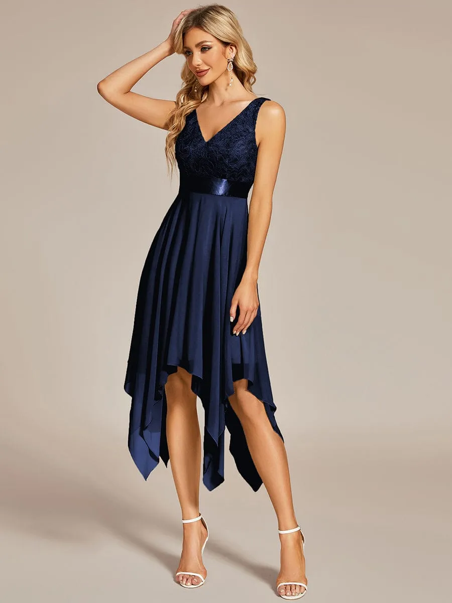 Deep V-Neck Lace Chiffon Bridesmaid Dress with Asymmetrical Hem