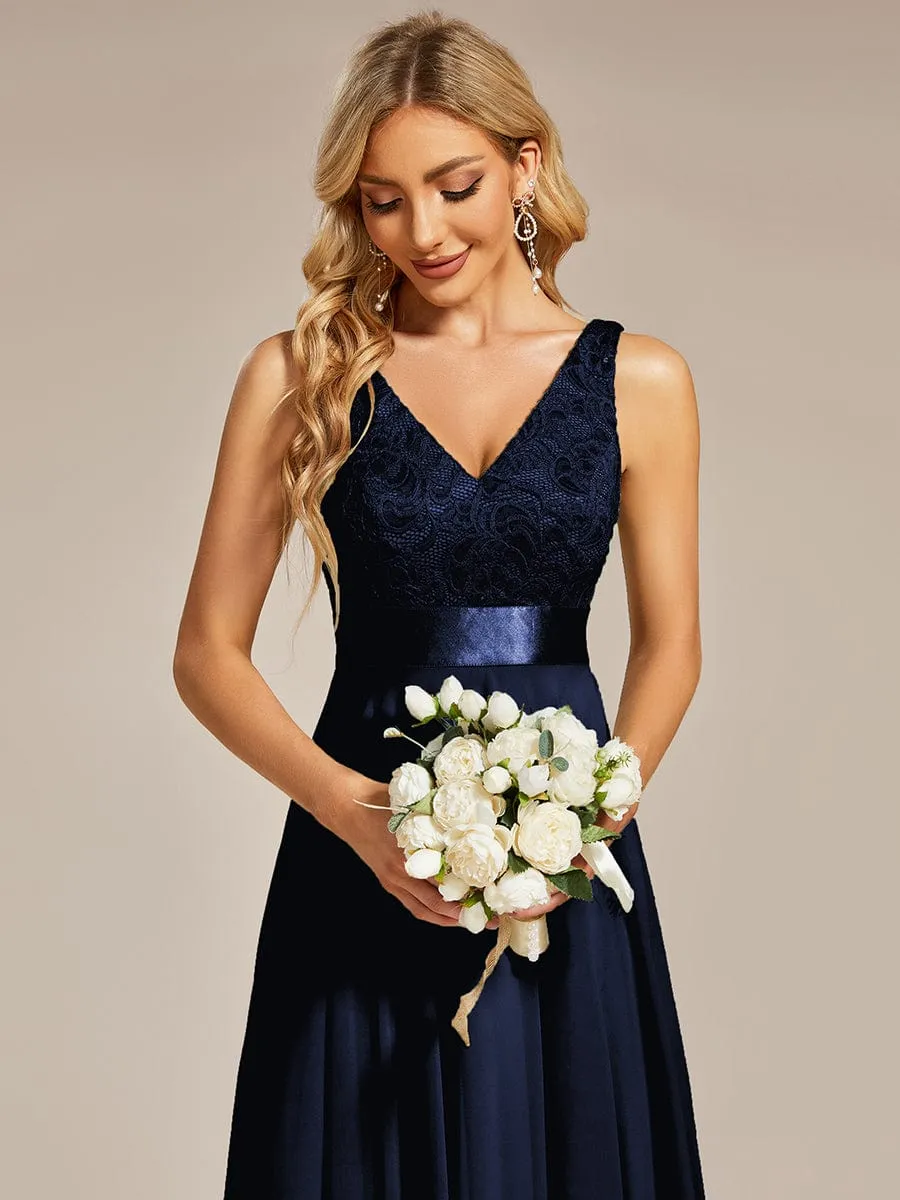 Deep V-Neck Lace Chiffon Bridesmaid Dress with Asymmetrical Hem