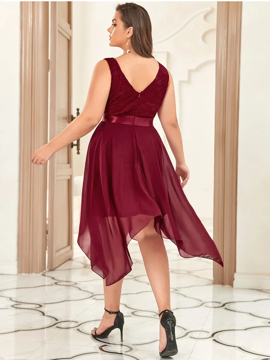 Deep V-Neck Lace Chiffon Bridesmaid Dress with Asymmetrical Hem