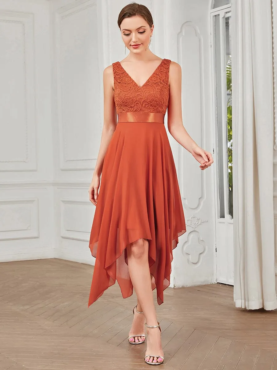 Deep V-Neck Lace Chiffon Bridesmaid Dress with Asymmetrical Hem