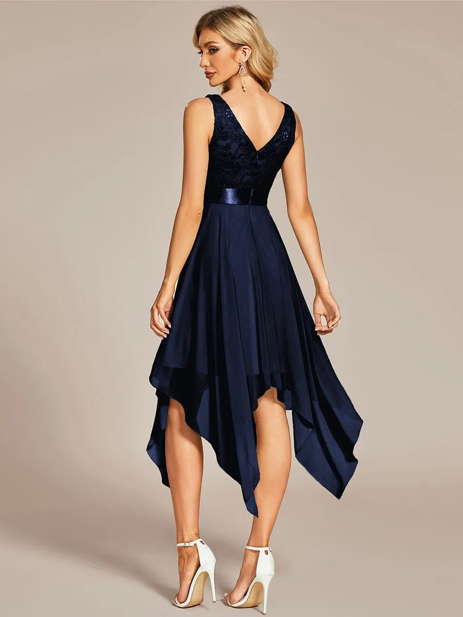 Deep V-Neck Lace Chiffon Bridesmaid Dress with Asymmetrical Hem