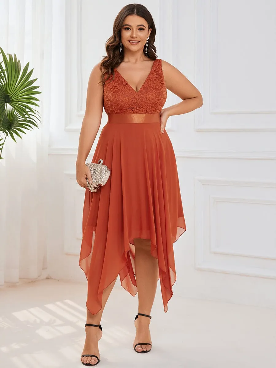 Deep V-Neck Lace Chiffon Bridesmaid Dress with Asymmetrical Hem