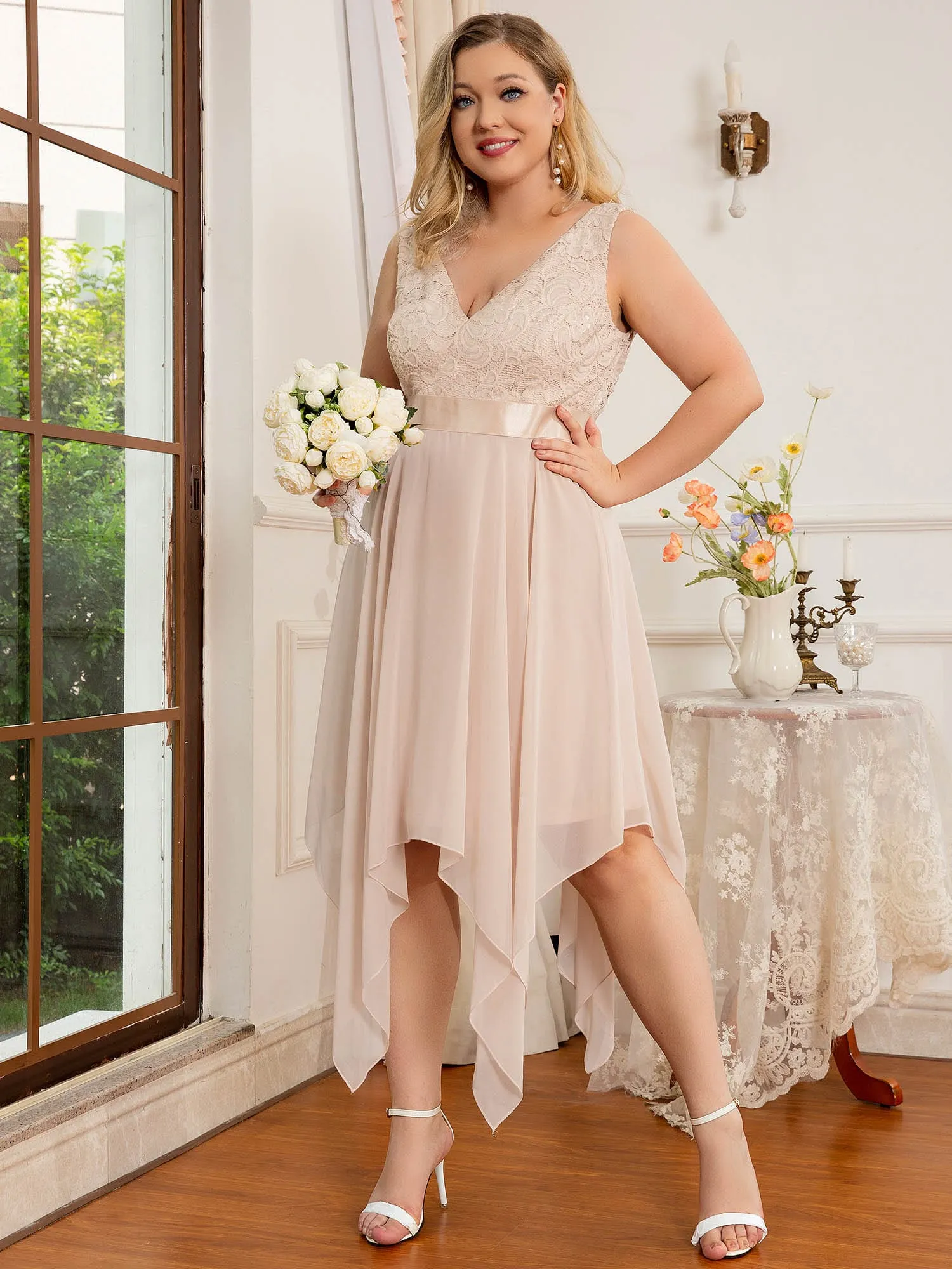 Deep V-Neck Lace Chiffon Bridesmaid Dress with Asymmetrical Hem