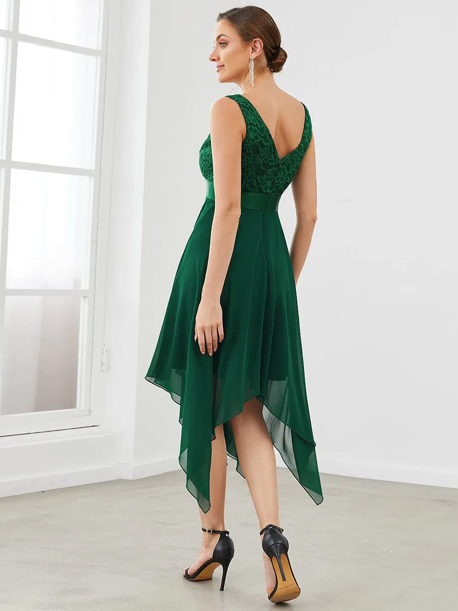 Deep V-Neck Lace Chiffon Bridesmaid Dress with Asymmetrical Hem