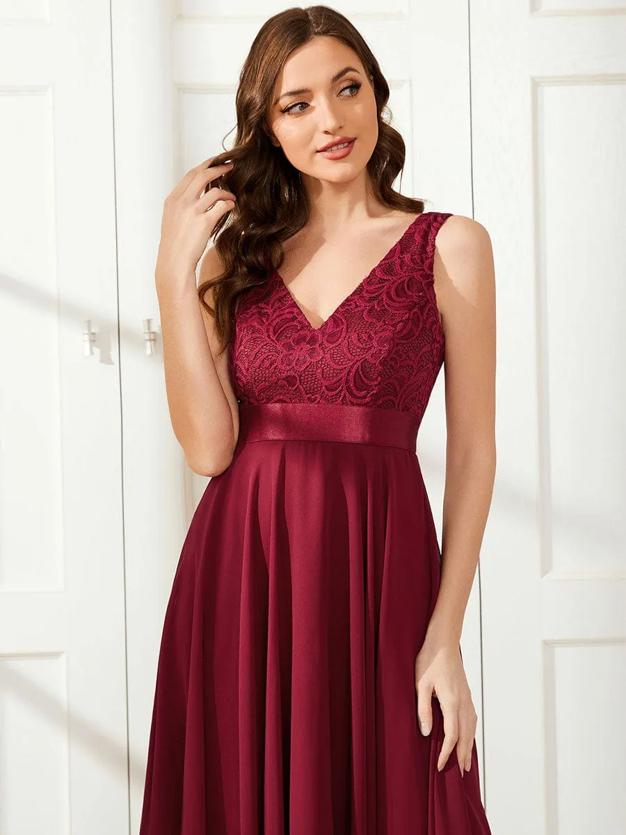 Deep V-Neck Lace Chiffon Bridesmaid Dress with Asymmetrical Hem