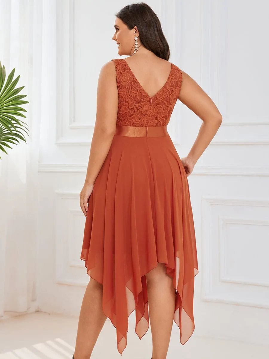 Deep V-Neck Lace Chiffon Bridesmaid Dress with Asymmetrical Hem