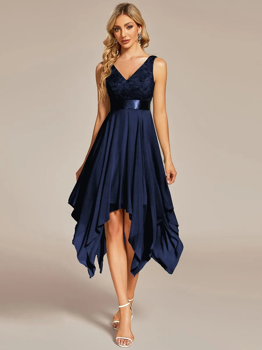 Deep V-Neck Lace Chiffon Bridesmaid Dress with Asymmetrical Hem