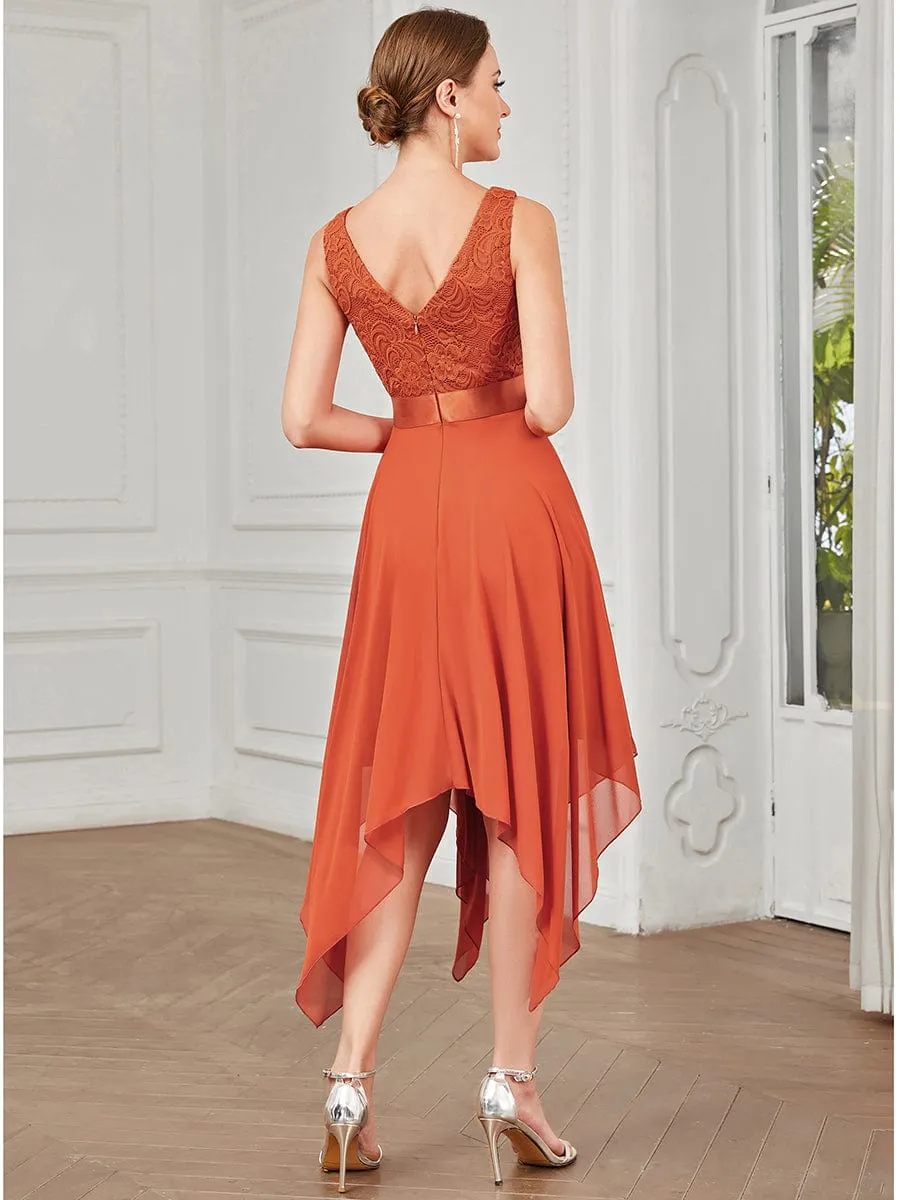 Deep V-Neck Lace Chiffon Bridesmaid Dress with Asymmetrical Hem