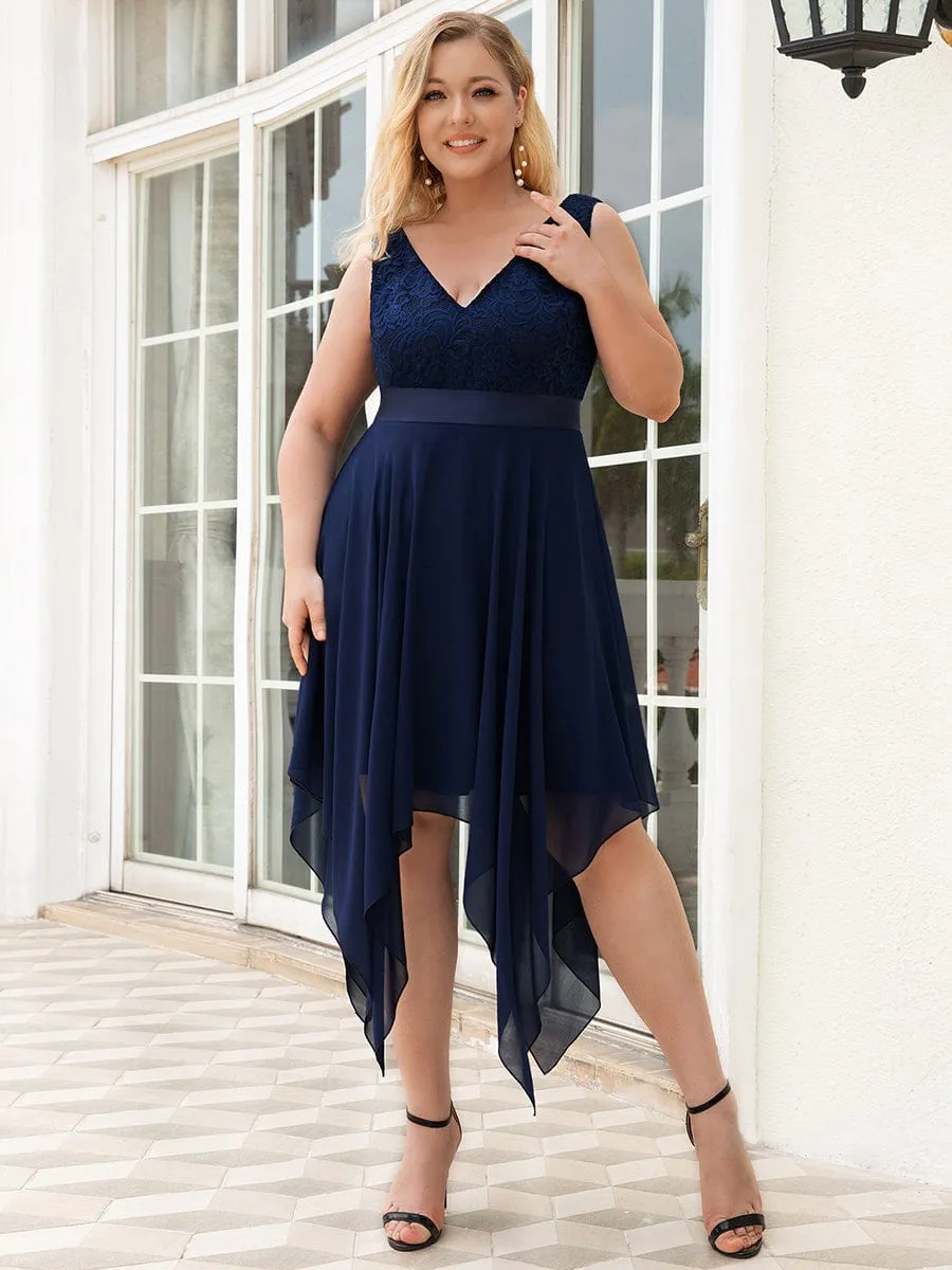 Deep V-Neck Lace Chiffon Bridesmaid Dress with Asymmetrical Hem