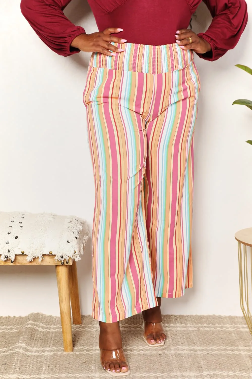 Double Take Striped Smocked Waist Pants with Pockets