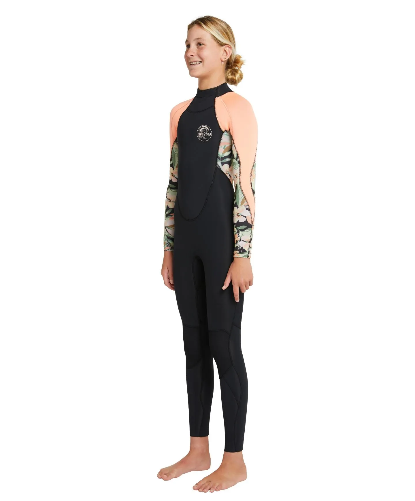 Girl's Bahia 3/2mm Steamer Back Zip Wetsuit - Black Wild Papaya