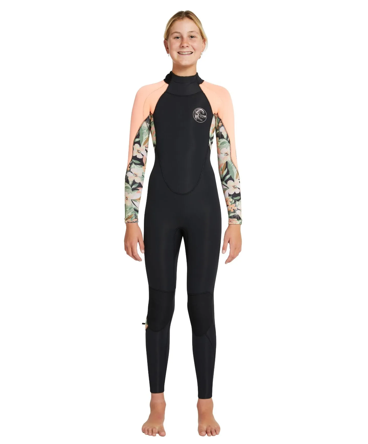 Girl's Bahia 3/2mm Steamer Back Zip Wetsuit - Black Wild Papaya