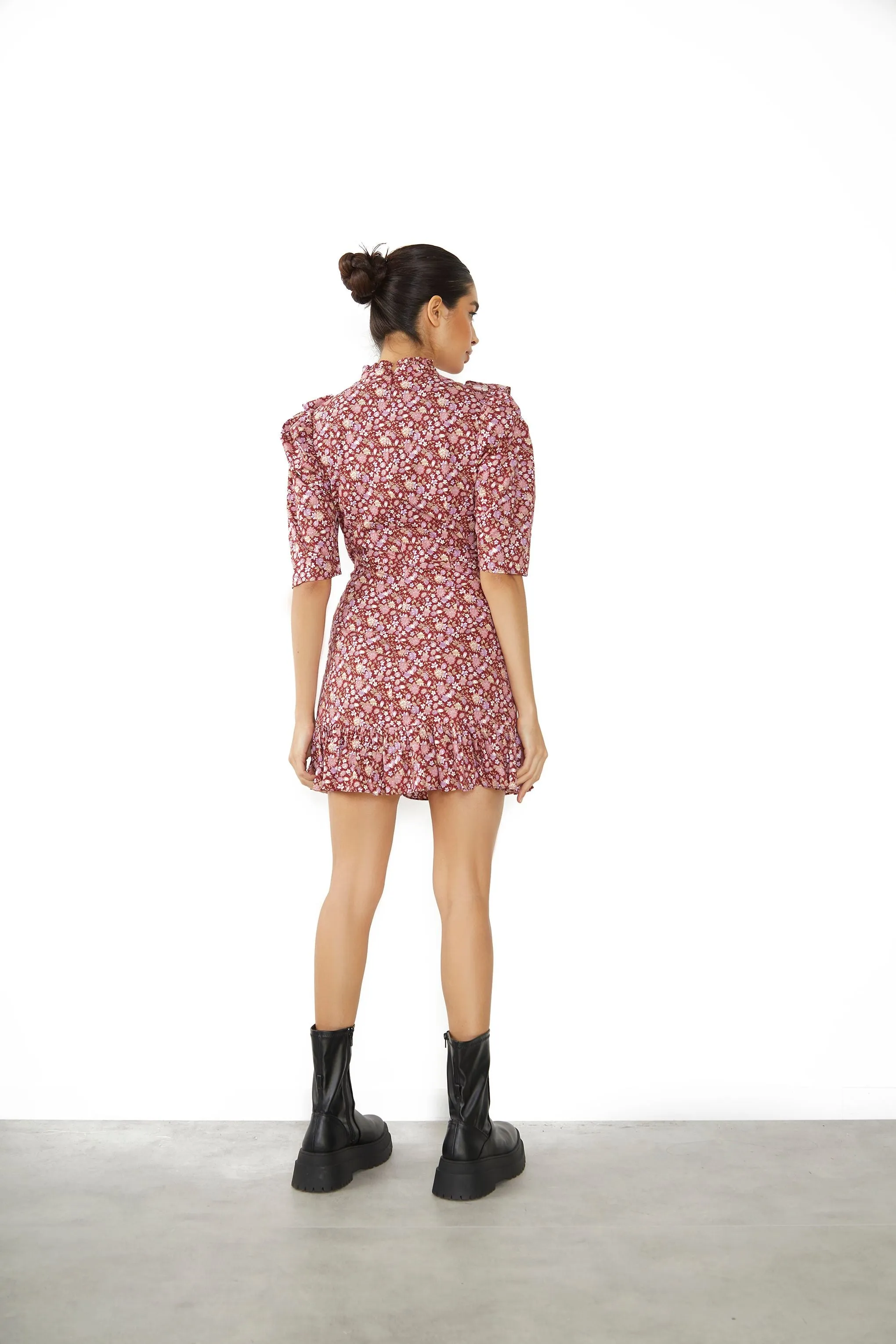 Glamorous Burgundy Chintz Floral 3/4 Length Mini Dress