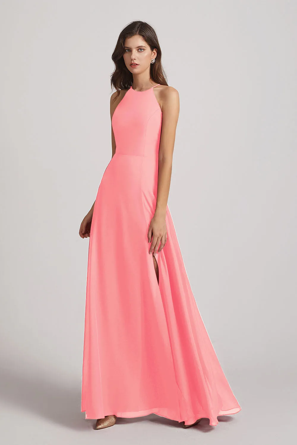 Halter Chiffon Maxi Dresses with Side Slit (AF0102)