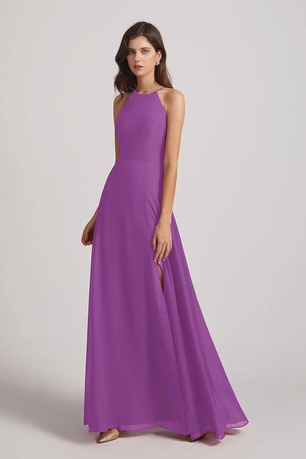 Halter Chiffon Maxi Dresses with Side Slit (AF0102)