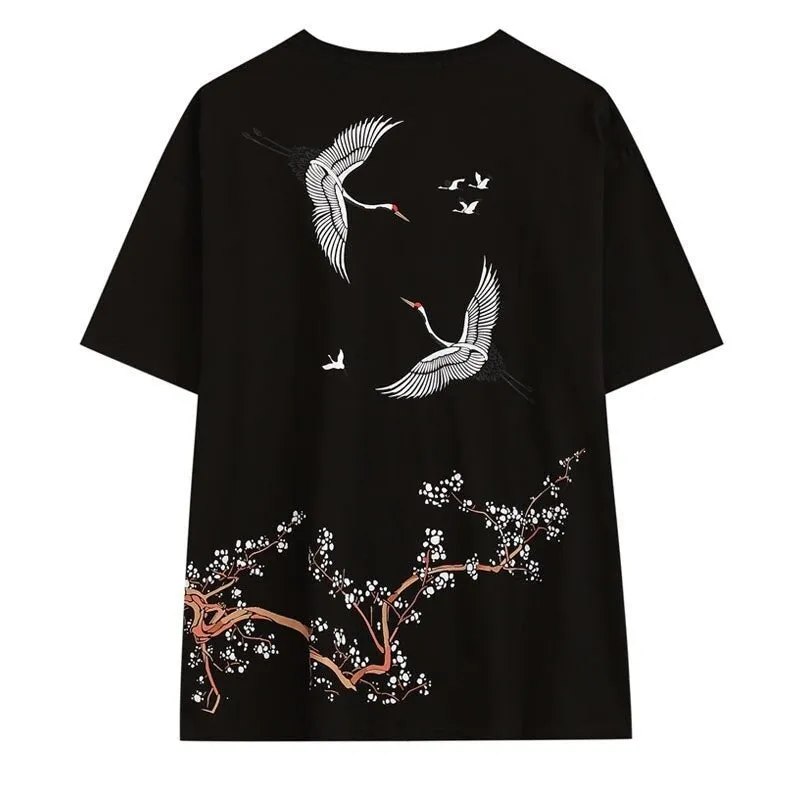 Japanese Embroidery Crane Print T-Shirt