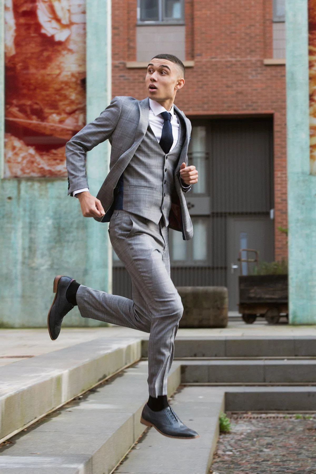 JERRY - Grey Check Suit With Single Breasted Waistcoat