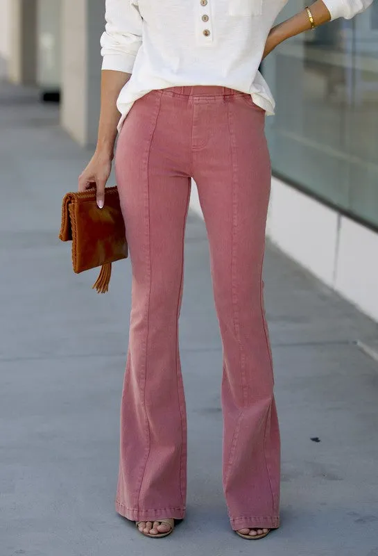 Marsala Washed Elastic Waist Flare Pants