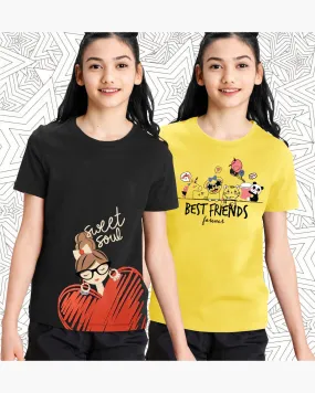 (Pack of 2) Girls Printed Round Neck Half Sleeve T-Shirts | Black | Yellow